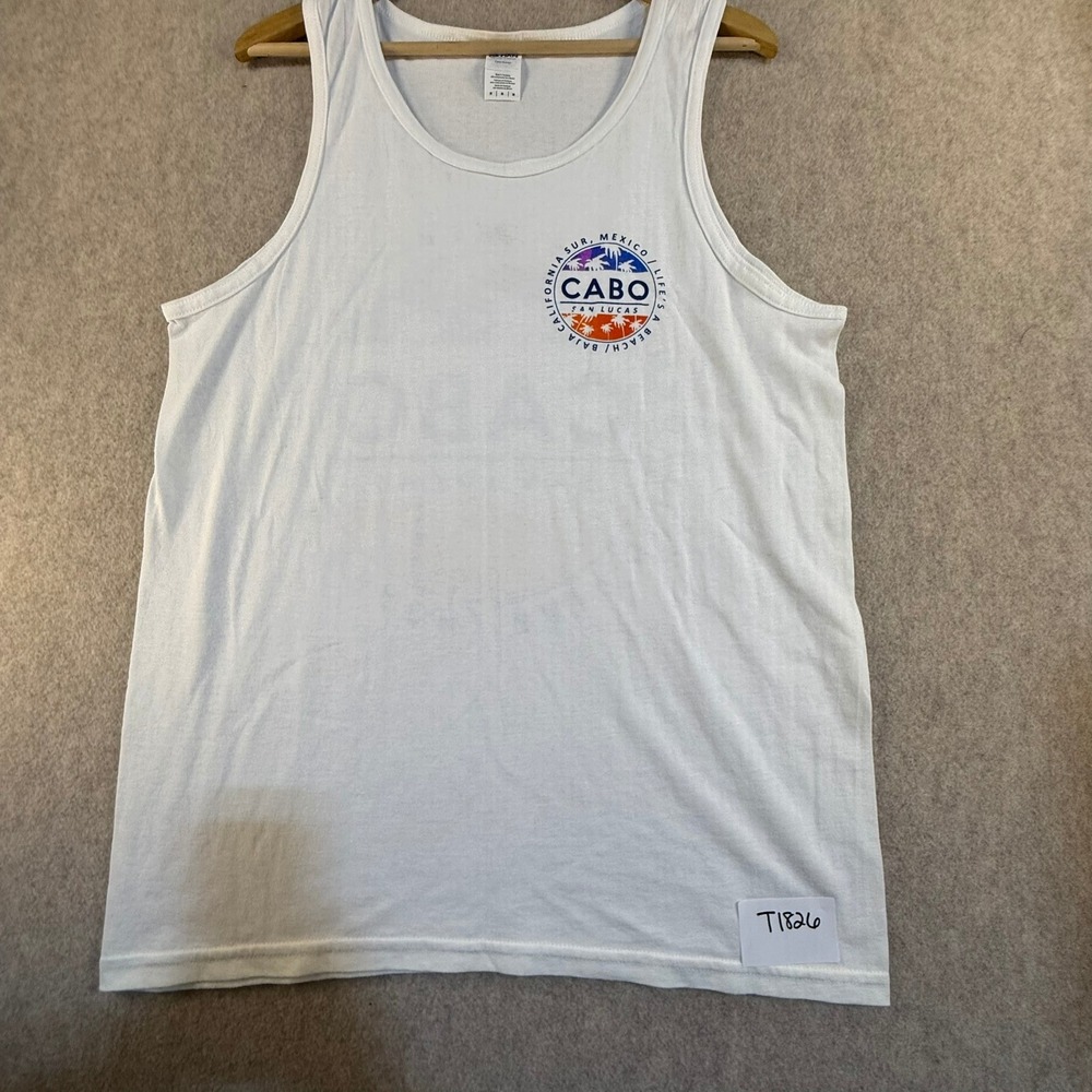 Gildan Cabo San Lucas Mexico Graphic Tank Top Mens Medium White Beach Souvenir